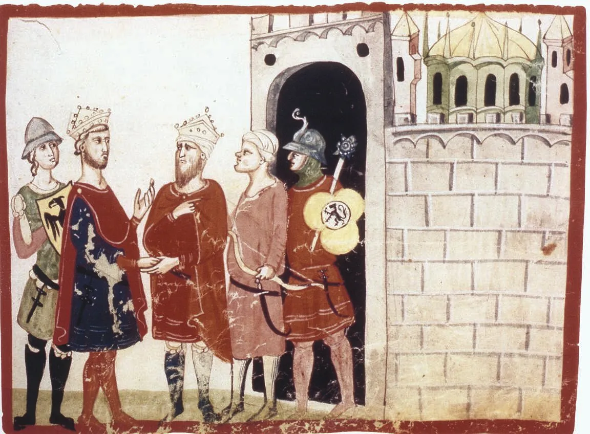 14th-century manuscript illumination of Sultan Al-Kamil meeting Holy Roman Emperor Frederick II