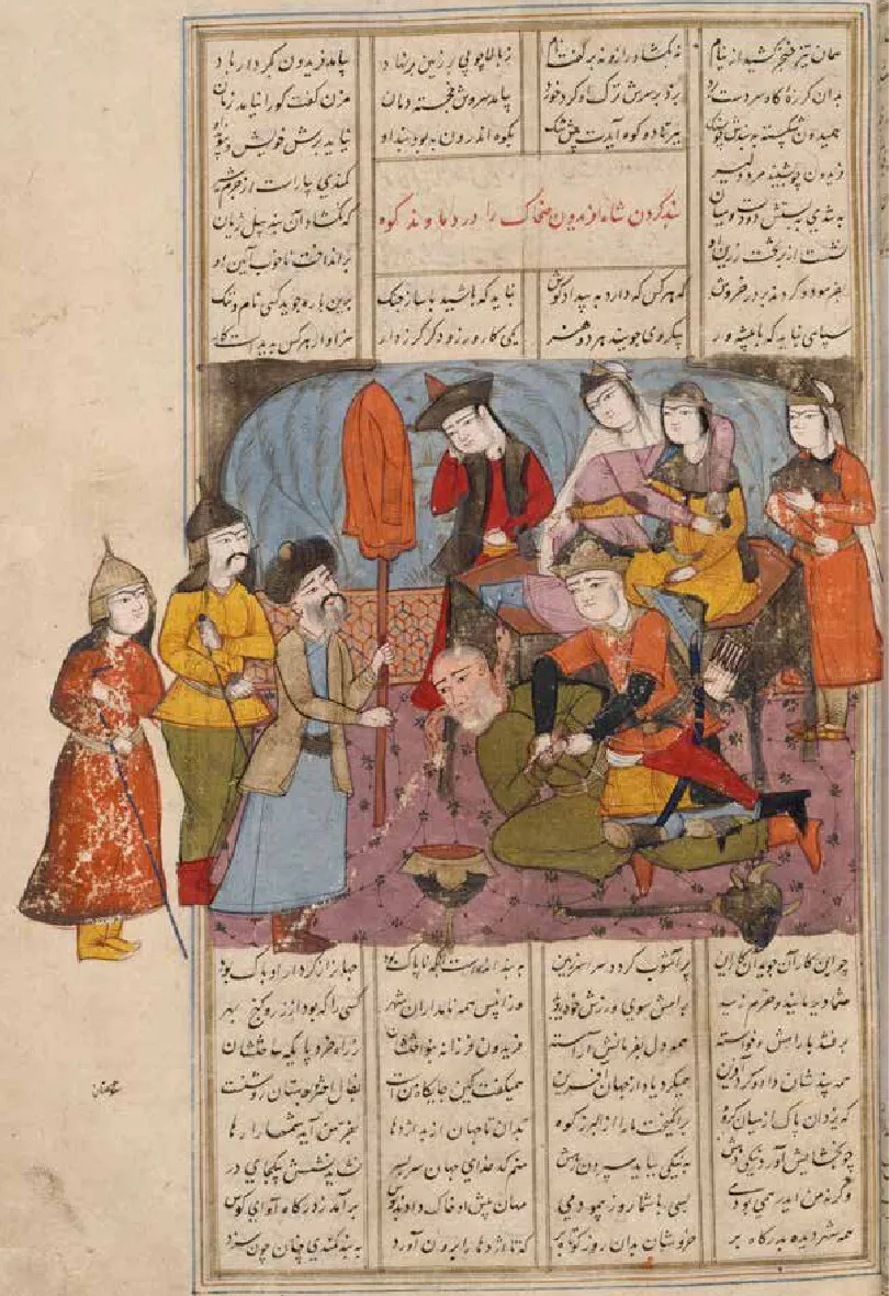 Zahhak bound by Fereydun whilst Kaveh the Blacksmith holds his apron-banner, mid-17th-century Safavid miniature